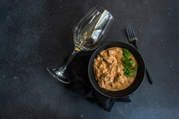 beef stroganoff dish served in the bowl