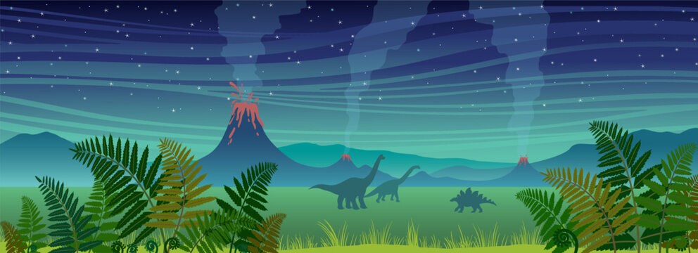 Prehistoric landscape with green fern, erupting volcanoes, silhouette of dinosaurs and night sky with stars. Cartoon vector illustration with silhouette of dino on the Jurassic period.
