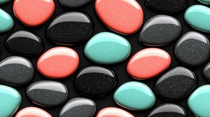 Colorful glossy pebbles arrangement on textured surface