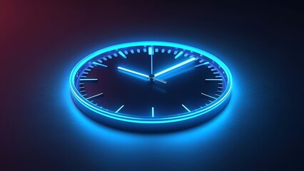 A futuristic digital clock light effect. A glowing silhouette of a clock representing time. Background laser blue neon clock vector illustration