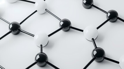 Obraz premium The image shows a network of connected black and white spheres. The spheres are connected by black lines and create a lattice pattern. The network is a visual representation of a complex system.