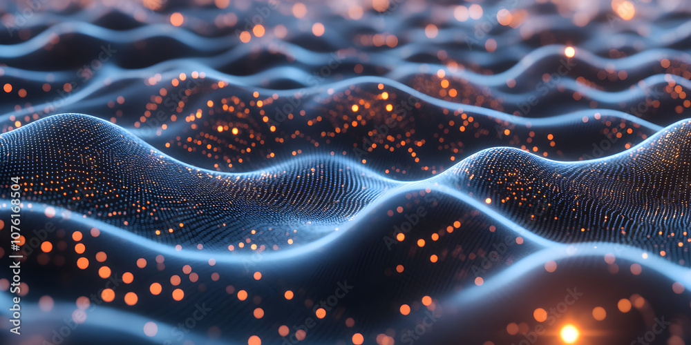 Poster digital wave: abstract rendering of a dynamic data flow, shimmering with warm and cool light, creati