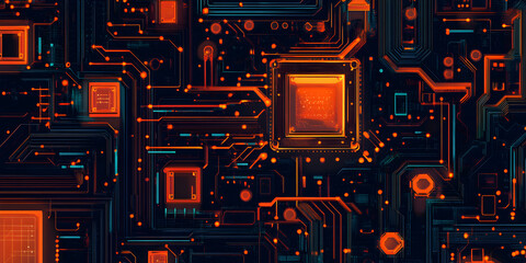 Circuit Board Abstract: Glowing orange and teal circuit board, intricate design, technological background, digital art, abstract pattern, high-tech, futuristic, innovation, technology, electronics.