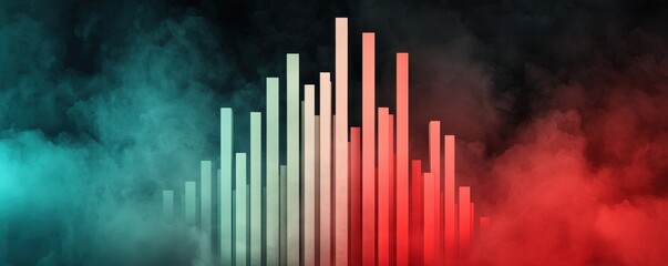 Fototapeta premium A vibrant soundwave graphic with vertical bars in green, red, and white, set against a misty black background, illustrating audio frequencies.