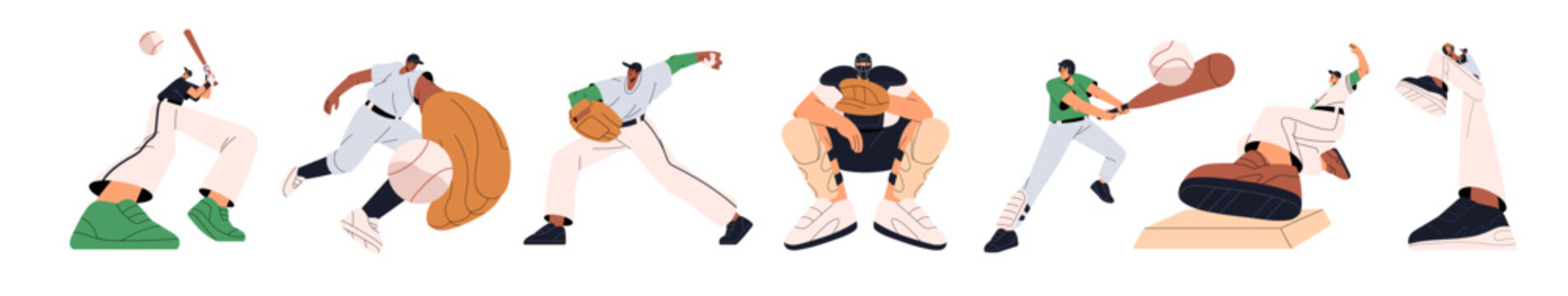 Baseball players in uniform set. Professional sportsmen play American sports game. Athletes in sportswear catch, throw and hit ball with bat. Flat isolated vector illustrations on white background