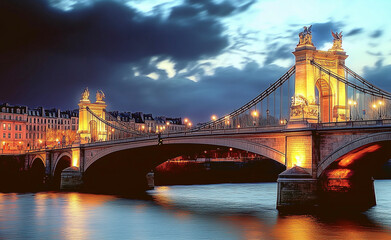 Stone bridge and river at sunset generated by AI