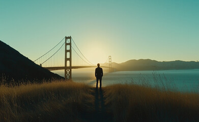 Rear view of a man looking at the bridge and the morning sun generated by AI