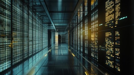 A futuristic data center hallway, featuring illuminated server racks and sleek, modern architecture with an emphasis on technology.