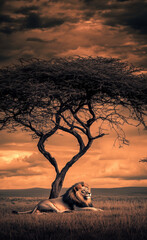Male lion under a tree at sunset generated by AI