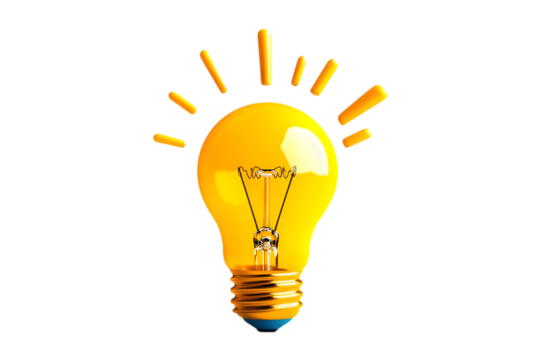 Bright yellow light bulb illustration, white isolate background.