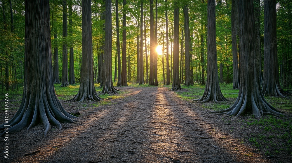 Poster a forest with a sun shining through the trees