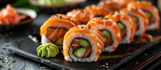 Freshly Made Salmon Sushi Rolls with Sesame Seeds