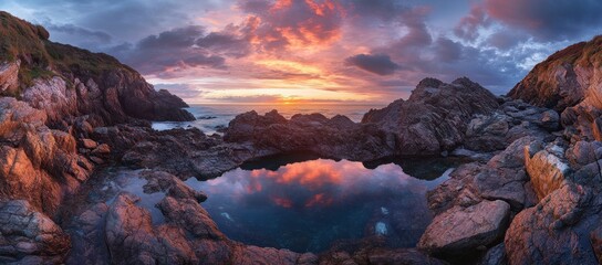 Naklejka premium Sunset Over Rocky Coastline