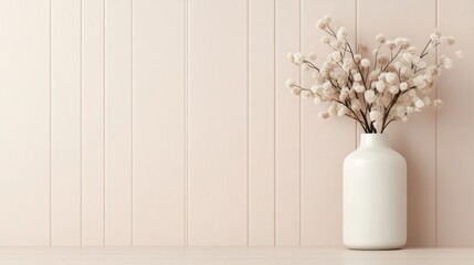 Elegant white vase with dried flowers against soft pastel background in minimalist interior design