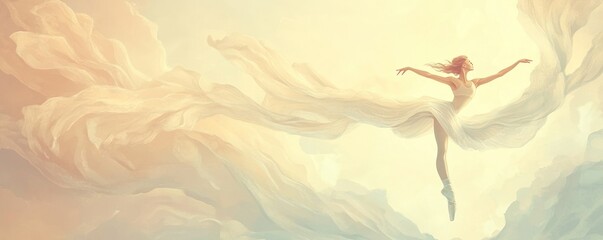 Fototapeta premium A graceful dancer leaps through soft, ethereal clouds, embodying freedom and elegance.