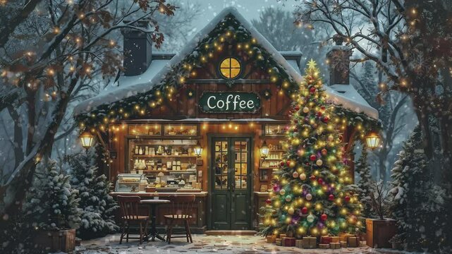 4K Animated Snowfall Loop, Christmas Backdrop, Winter Background, Delightful Coffee Shop with a Grand Christmas Tree for a Magical Holiday Experience