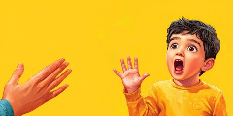 A surprised child with hands raised, reacting to something exciting against a bright yellow background.