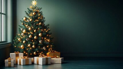 Christmas tree adorned with golden ornaments and twinkling fairy lights, surrounded by elegantly wrapped gifts with gold and white stripes, set against a smooth, dark green backdrop....