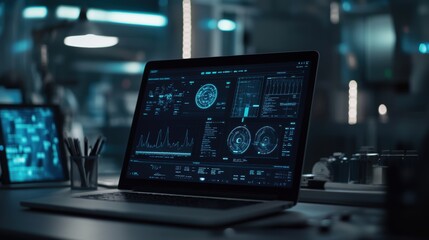 Professional desk setup with a laptop screen showing complex medical data charts, patient analytics, and secure access symbols in a digital healthcare interface, emphasizing cybersecurity