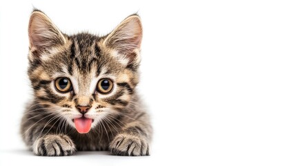 Obraz premium Adorable kitten with a yellow tongue is playful and curious, creating a charming scene. This adorable kitten captures attention, with ample space for text or design elements.