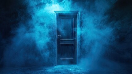 Mysterious door enveloped in a blue fog, illuminated by dramatic lighting, creates an intriguing atmosphere. This mysterious door invites exploration with ample copy space.