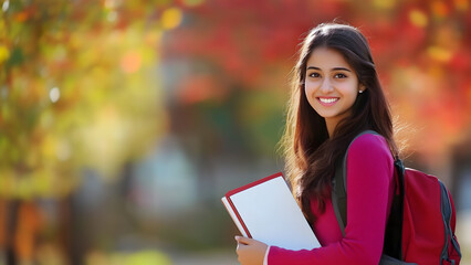 Young smiling Indian college girl at college campus holding books and notebooks. 