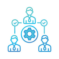 Team collaboration with cogwheel icon, Illustration of three business figures connected by lines with a cogwheel above, representing teamwork and project management.
