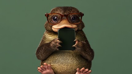 Fototapeta premium portrait of a cute animal holding a smartphone and wearing glasses