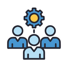 Team of people with gear symbol, Icon of three people working together with a gear, representing teamwork, collaboration, and shared project management.
