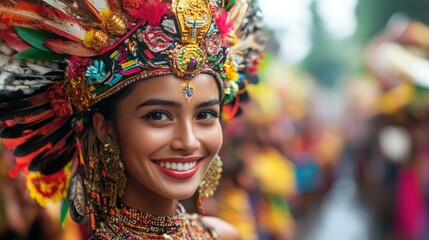 Fototapeta premium Balinese woman wearing traditional headdress smiling during a festival