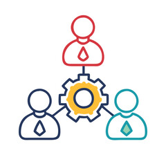 Business teamwork icon with gear connection, Illustration of three businesspeople connected to a central gear, symbolizing teamwork, collaboration, and efficient project management.
