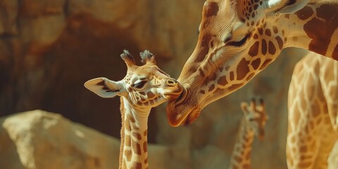A mother gently wipes the nose of a young, elegant giraffe, ensuring its cleanliness with care and tenderness while attending to its needs.