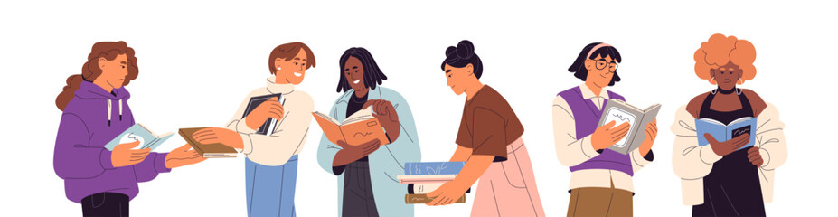 Row of happy readers hold books in hands. Bookcrossing concept. People, student exchange stories, novels together. Girls learning literature. Flat isolated vector illustration on white background