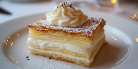 The Millefeuille dessert is beautifully presented on a white plate, showcasing its delicate layers of pastry coupled with rich, creamy filling.
