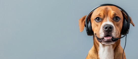 Friendly Dog Wearing Headphones with Microphone, Ready to Answer Your Call