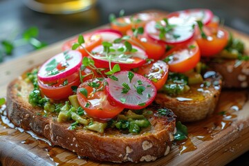 Toasted Bread with Tomato, Radish, and Avocado