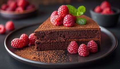 A Slice of Chocolate Cake Topped with Raspberries and Mint