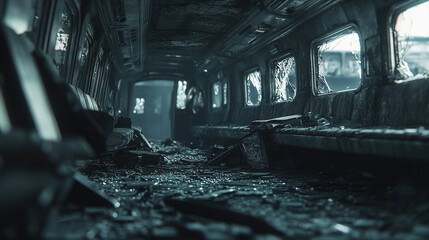 Train car interior in ruins with shattered windows and debris, symbolizing the aftermath of a bombing, focusing on the destruction with a shallow depth of field.