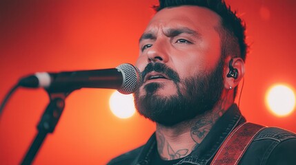 Male Vocalist Performing Live on Stage with Microphone and In Ear Monitors, Captivating Audience with Powerful Vocals