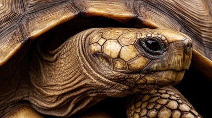 Obraz premium Macro portrait of a tortoise captures the intricate details of its shell and skin textures. This tortoise image provides ample copy space for text integration.