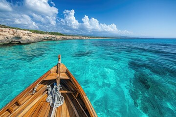 Wooden boat sailing in turquoise water near green coast