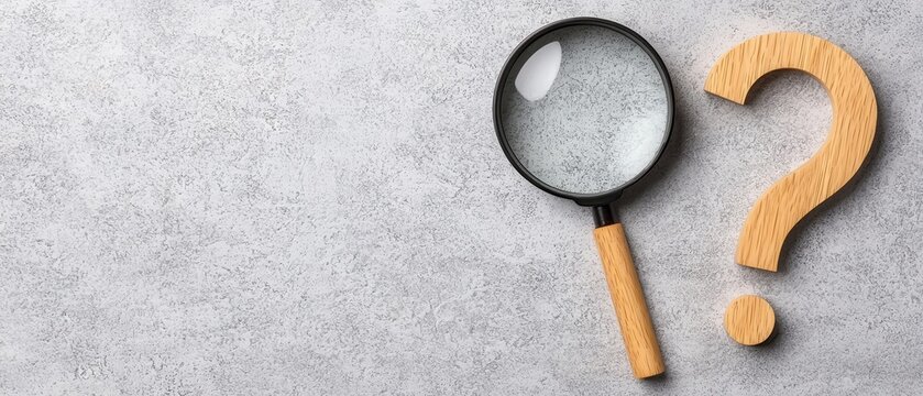 Magnifying Glass and Wooden Question Mark on Grey Background, Seeking Answers and Solutions