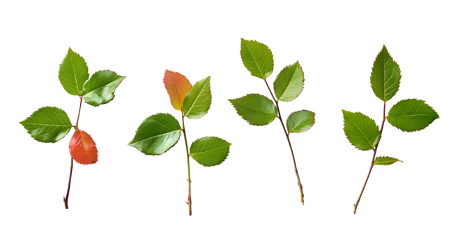 A collection of small rose leaf twigs with six leaves isolated against a flat background.