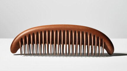 Elegant wooden hair comb with wide, evenly spaced teeth on a reflective surface against a neutral background