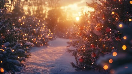 Fototapeta premium Christmas magic fills the atmosphere during sunset, creating a serene and enchanting scene. The vibrant colors enhance the feel of Christmas magic, ideal for festive visuals with copy space.
