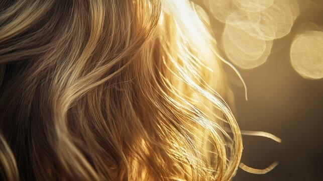 Closeup of a hairstyle highlighting dried blond hair in daylight, capturing blond strands from front to rear, with a glaucium light adding shine and bokeh effects throughout the image.