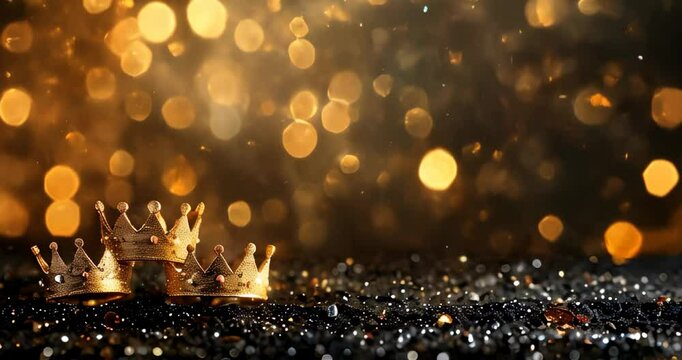 Three golden crowns are on a black bokeh background with lights. Epiphany, Celebration of the Day of the Three Kings