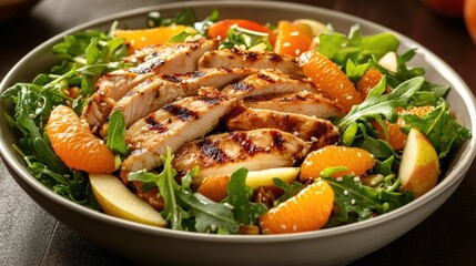 Savory carrot arugula salad filled with sliced apples, oranges, and sesame flame grilled chicken strips served in a wide dish, perfect for a fresh and vibrant meal. Photo style with copy space.
