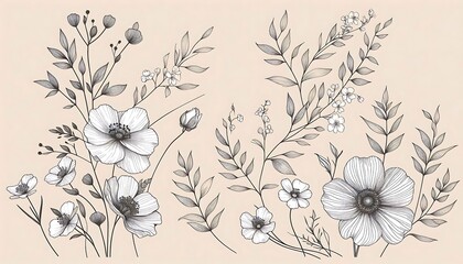 Obraz premium Elegant Botanical Floral Drawing on Vintage Beige Background. generator AI