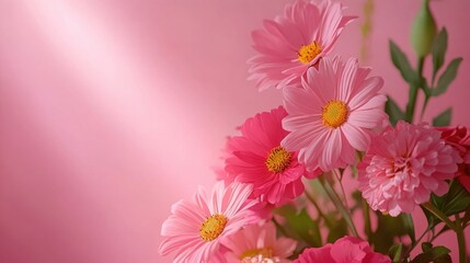 Beautiful pink background wallpaper complemented by vibrant flowers in the garden creates a serene atmosphere. The floral elements against the pink backdrop offer ideal photo style copy space.